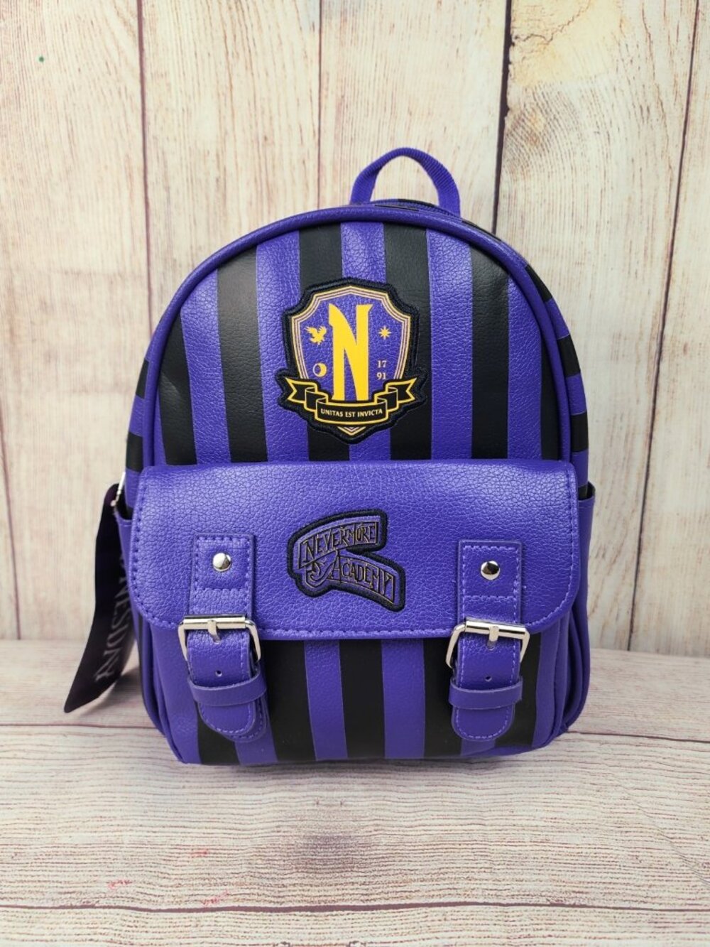 NEW Wednesday Addams Nevermore Academy Striped Mini Backpack Purse Purple 10"